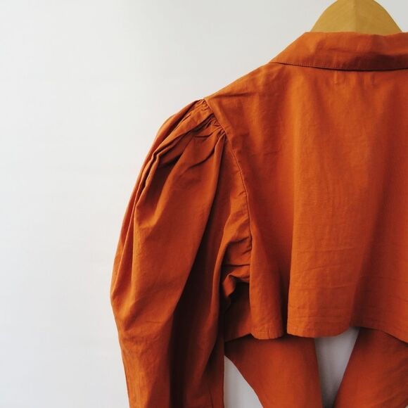 WeWoreWhat Womens Small Bisou Burnt Orange Puff Sleeve Tie Front Crop Blouse - Picture 9 of 16